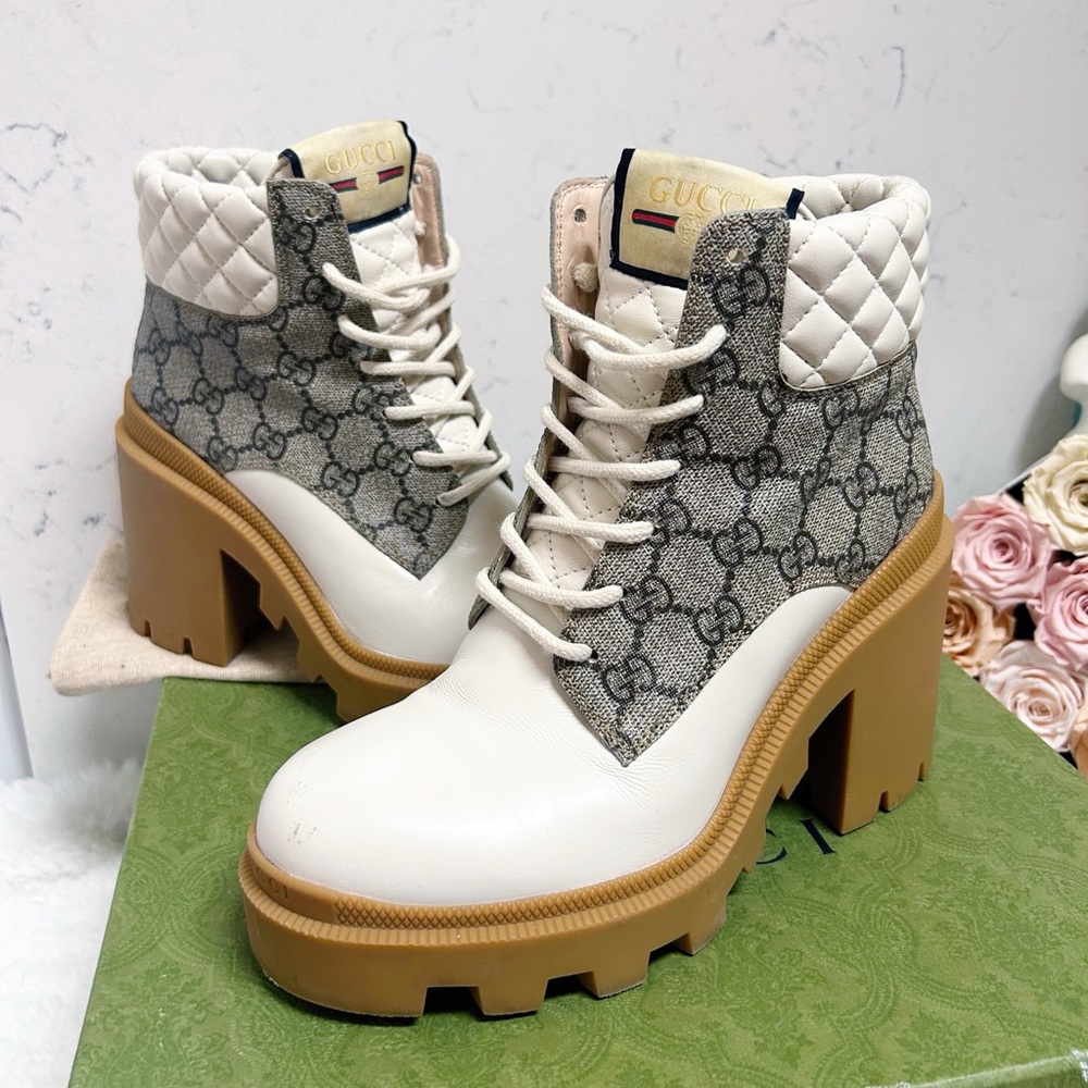 Aurhentic Gucci Supreme Monogram Trip Combat Heeled Boots - Picture 12 of 15
